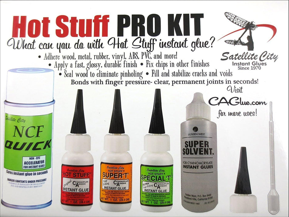 Satellite City Hot Stuff Instant Glue Pro Kit (Includes CA Glues, Accelerator, Debonder, Extra Spouts) HK-1