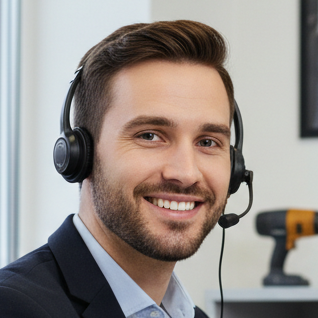 guy with a headset like in behind a desk that would answer the phone when being called about tools